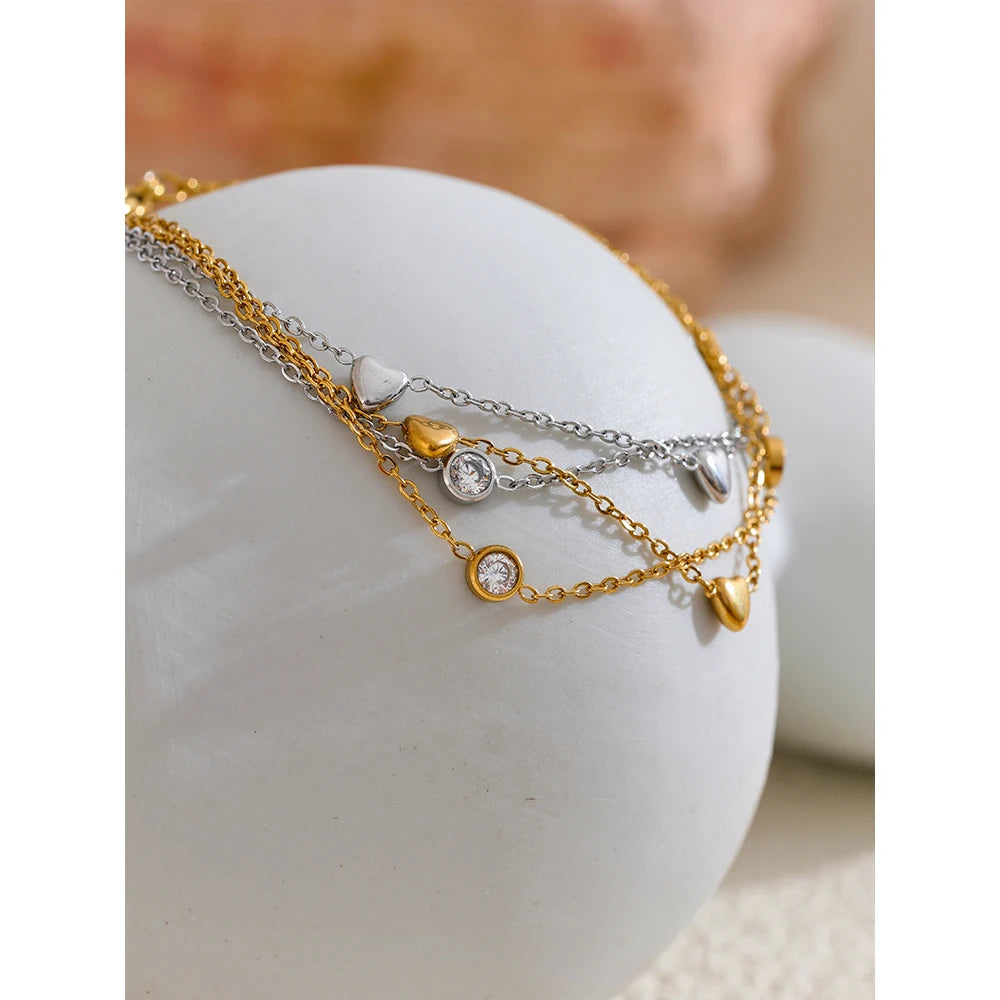 Heart Zircon Double Layer Bracelet – Gold Plated Stainless Steel