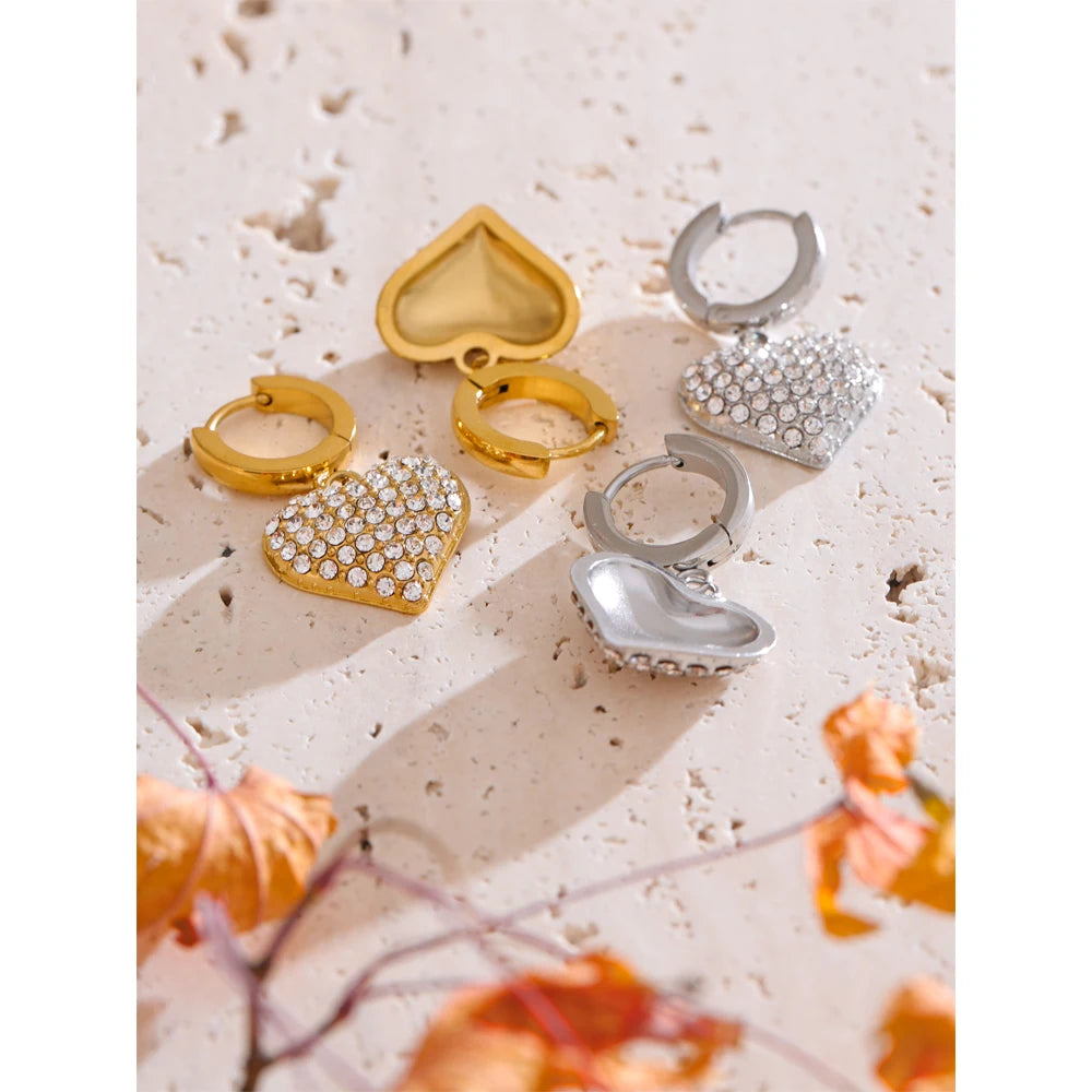 Cubic Zirconia Heart Drop Earrings - 18K Gold Plated Stainless Steel Classic Romantic Daily Wear Jewelry Waterproof