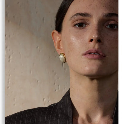 Korean Style Off White Gold - Oval Stud Earrings for Women Pearl Stainless Steel 18K PVD Plated Fashion Jewelry