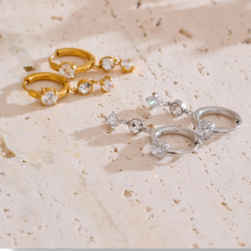 Gold Plated Stainless Steel Cubic Zirconia Drop Earrings