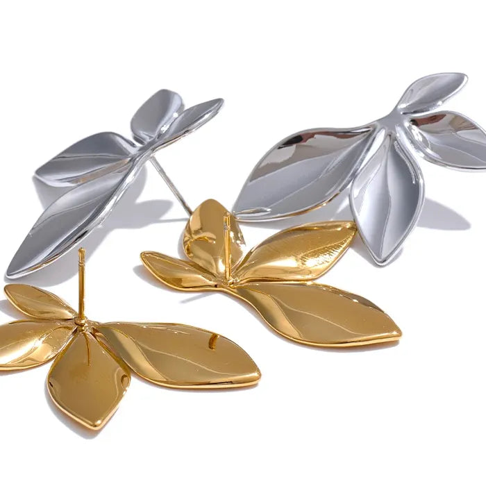 Stainless Steel Flower Leaves Stud Earrings - Hypoallergenic Waterproof Charm Texture High Quality Jewelry