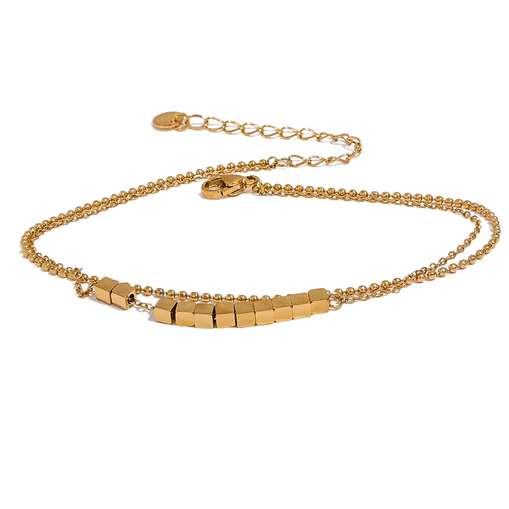 Layered Square Bead Anklet – Gold Plated Stainless Steel, Waterproof