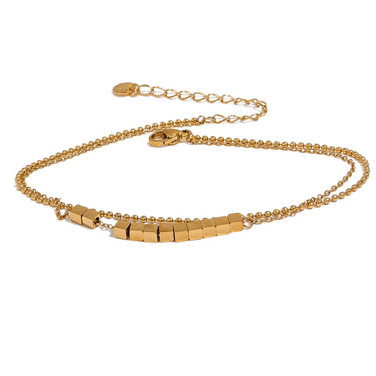 Layered Square Bead Anklet – Gold Plated Stainless Steel, Waterproof