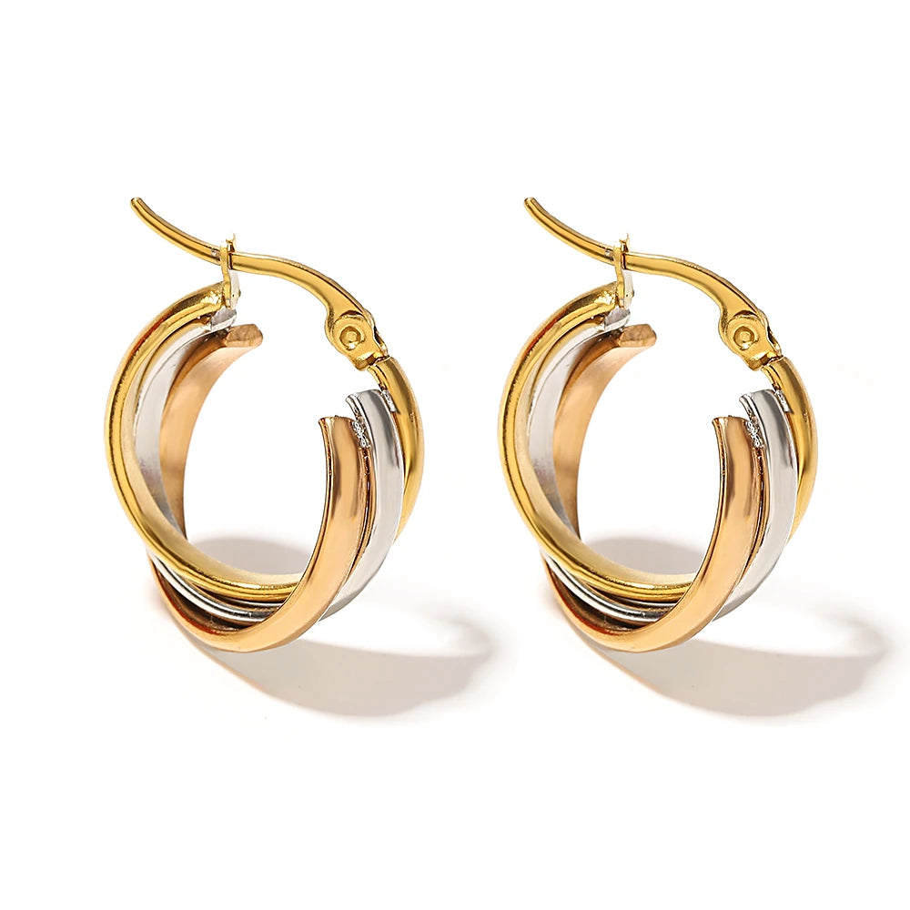 Greatera Trendy Stainless Steel Twisted Tricolor Hoop Earrings for Women Layered Round Circle Metal Earrings Waterproof Jewelry