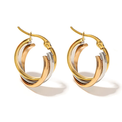 Greatera Trendy Stainless Steel Twisted Tricolor Hoop Earrings for Women Layered Round Circle Metal Earrings Waterproof Jewelry
