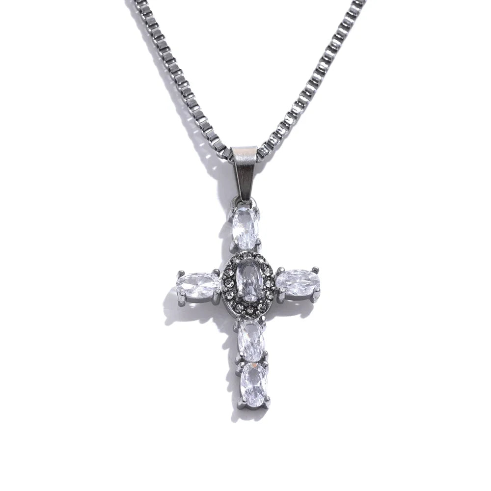Colorful Cubic Zirconia Cross Pendant Necklace – Gold Stainless Steel