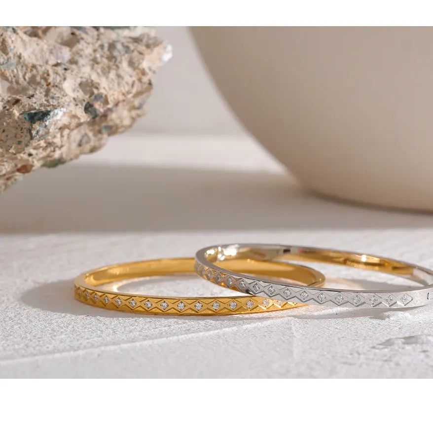 60mm Cast Bangle Bracelet – Gold Plated Stainless Steel with Zirconia