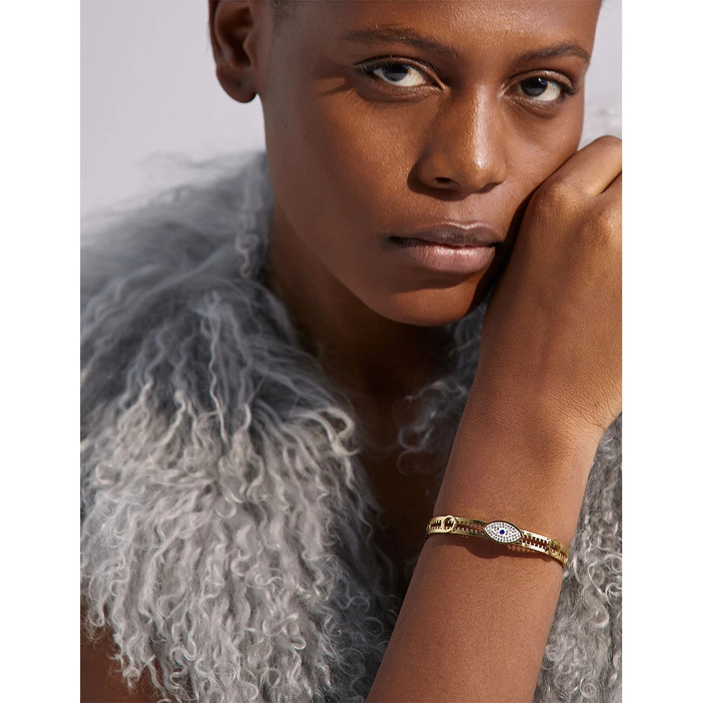 60mm Evil Eye Real 18K Gold-Plated Stainless Steel Bangle