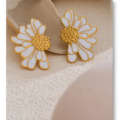 Floral Big White Black Enamel - Fashion Stud Earrings 18K Gold Color PVD Plated Stainless Steel Jewelry