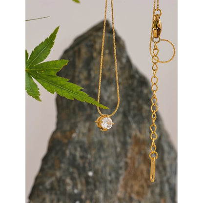 Chic Cubic Zirconia Pendant Necklace – Gold Stainless Steel Daily Jewelry