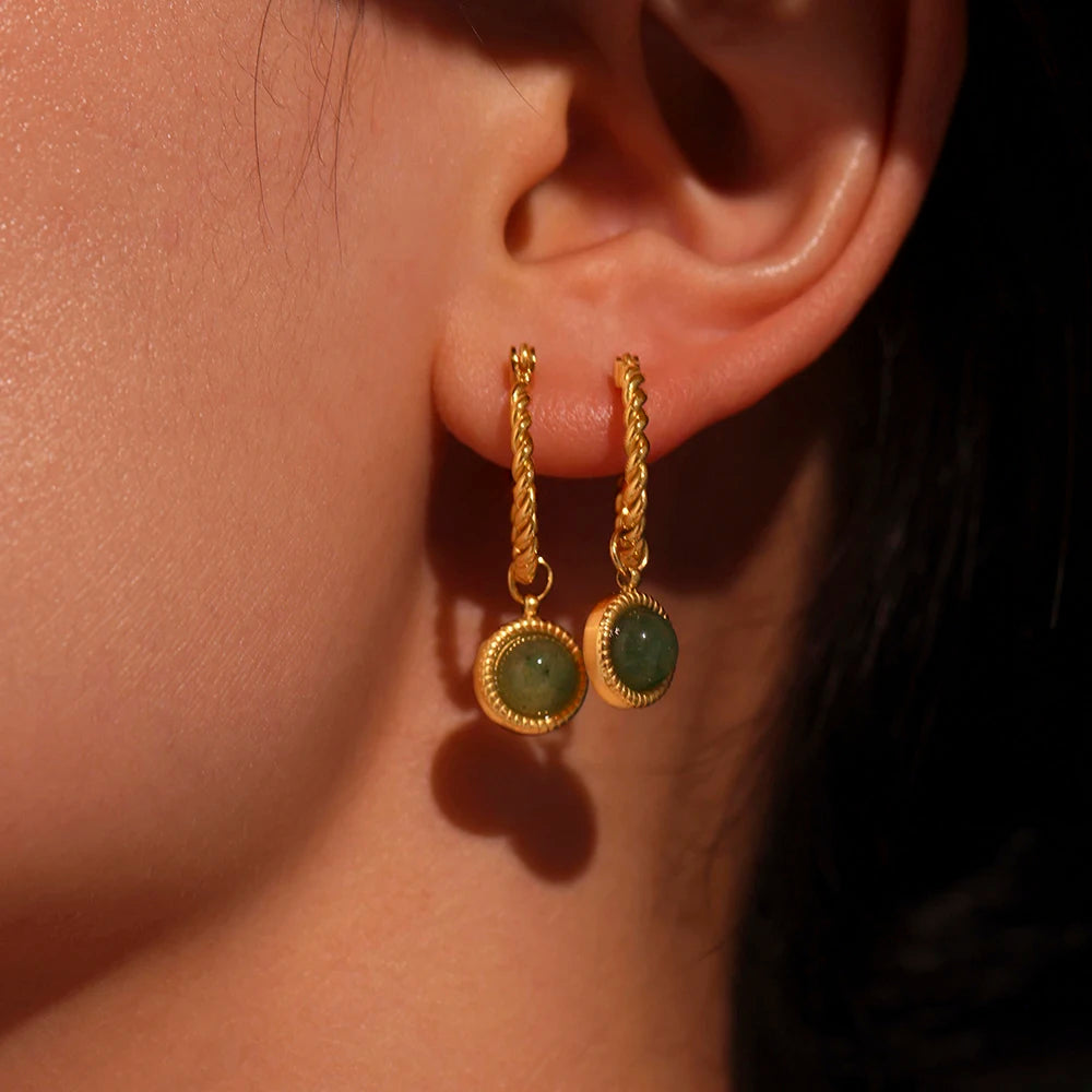Green Agate Drop Earrings – 18K Gold Plated Stainless Steel
