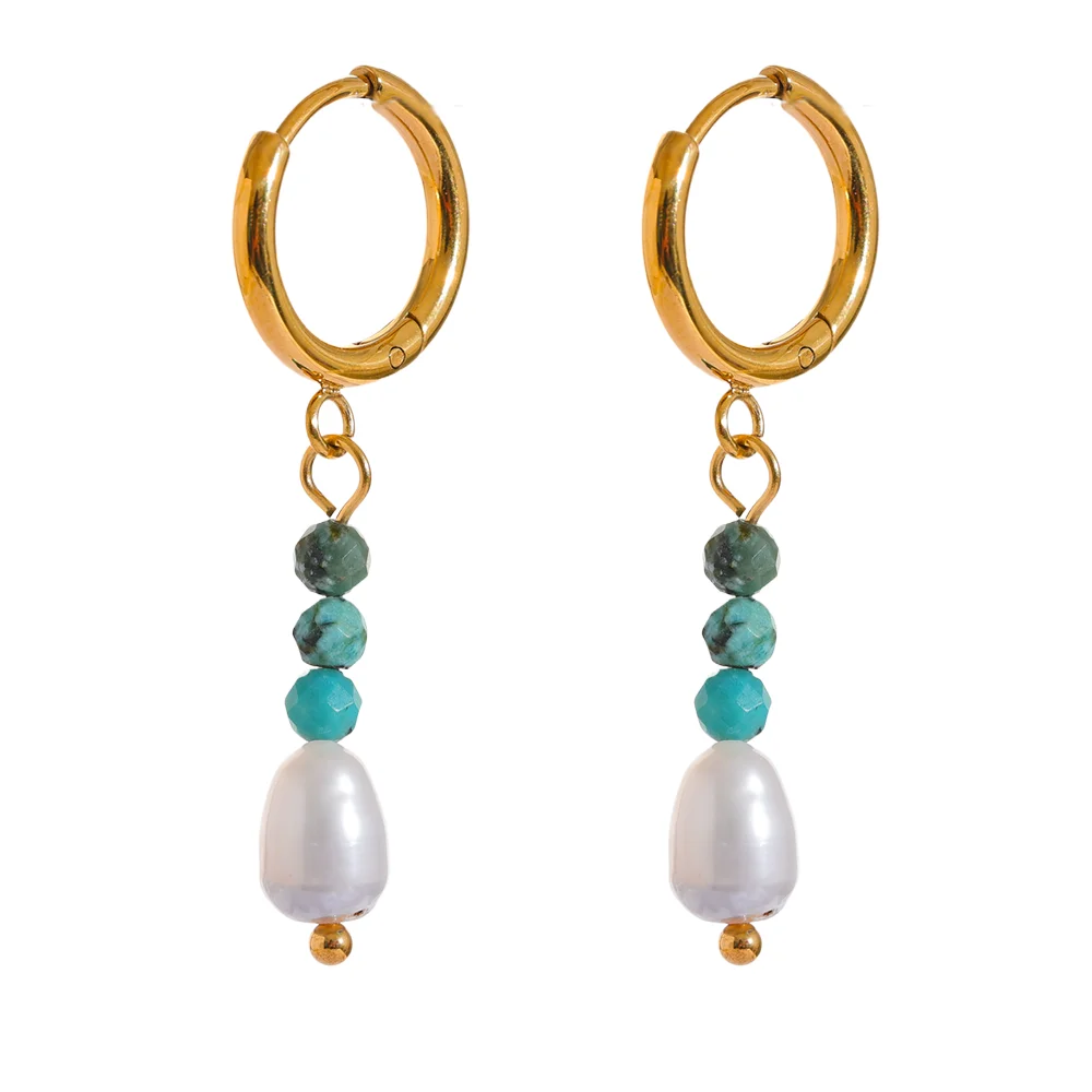 Freshwater Pearl & Stone Drop Hoop Earrings – Gold Plated