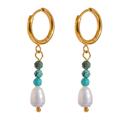 Freshwater Pearl & Stone Drop Hoop Earrings – Gold Plated