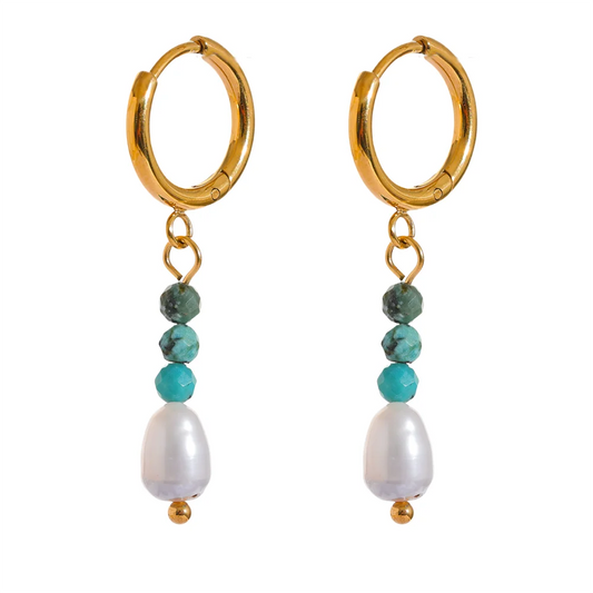 Freshwater Pearl & Stone Drop Hoop Earrings – Gold Plated
