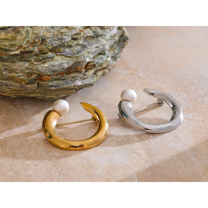 U-Shape Pearl Brooch Pin – Gold Plated Stainless Steel Accessory