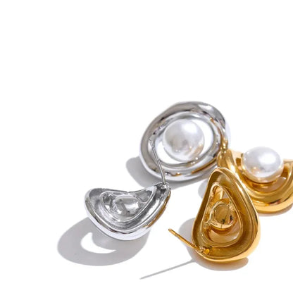 Gold Plated Tarnish-Free Hollow Oval Pearl Stud Earrings – Elegant Jewelry
